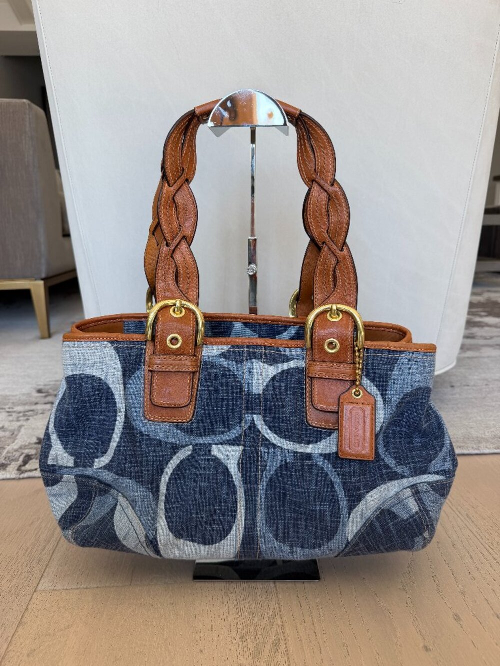 Vintage Coach Denim Signature Zip Bag with Braided Leather (Style: 12195)